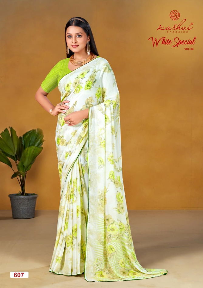 White Special Vol 6 By Kashvi Dull Moss Printed Sarees Wholesale Price In Surat